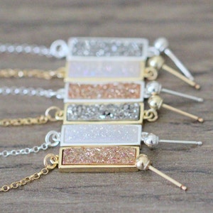 Druzy Chain Stud Earrings, Dangle Druzy, Modern Studs, Post, 14k Gold Fill or Sterling Silver , 3 Color Choices