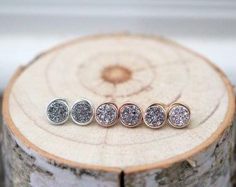 Druzy Stud Earrings, Gray Studs in Gold , Silver , Rose Gold , Drusy Quartz Jewelry , Stocking Stuffer Ideas - Platinum