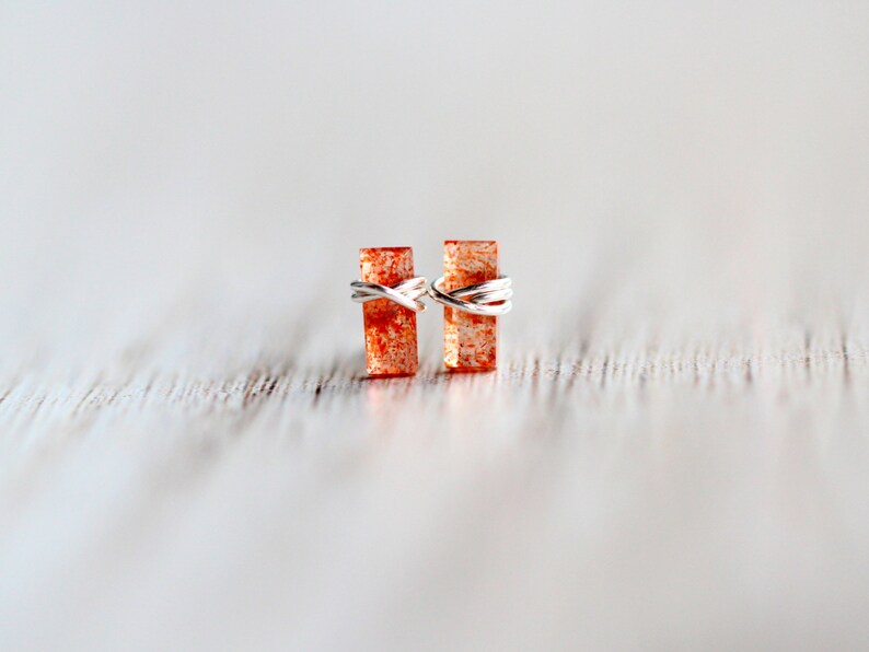 Sunstone Stud Earrings, Baguette Jewelry Gold Tiny Studs, Rose , Sterling Silver, 14k Solid Gold Rectangle Minimalist image 6