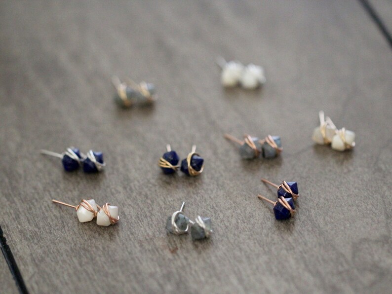 Lapis Lazuli Studs, Lapis Post Earrings, Gold Filled, Dainty Gemstone, Rose Gold, Sterling Silver, Geometric Point Pike image 6