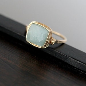 Aquamarine Square Ring, Gold, Rose Gold, Sterling Silver, Bezel Wrapped Gemstone Ring,  March Birthstone Stacking Jewelry