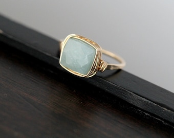 Aquamarine Square Ring, Gold, Rose Gold, Sterling Silver, Bezel Wrapped Gemstone Ring,  March Birthstone Stacking Jewelry