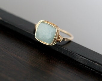 Aquamarin-Quadrat-Ring, Gold, Rose, Sterlingsilber, Lünette eingefasster Edelstein, März Birthstone Schmuck