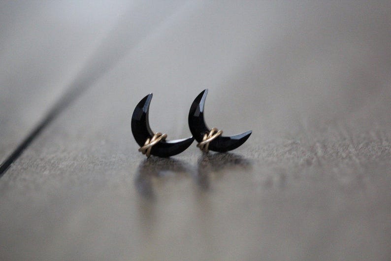 Crescent Moon Stud Earrings, Moon Studs, Gold Filled, Rose Gold, Sterling Silver, Celestial Earrings, Black Agate Moonbeam image 6