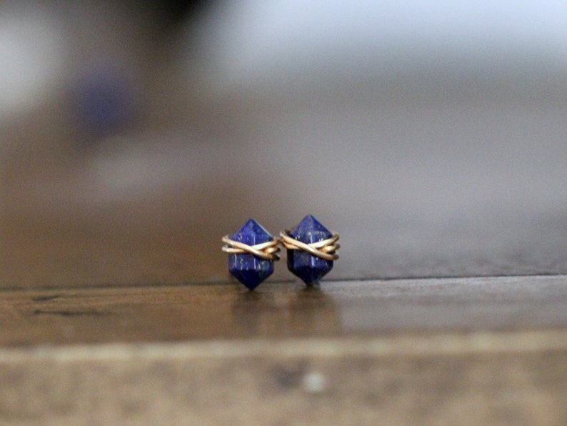 Lapis Lazuli Studs, Lapis Post Earrings, Gold Filled, Dainty Gemstone, Rose Gold, Sterling Silver, Geometric Point Pike image 1