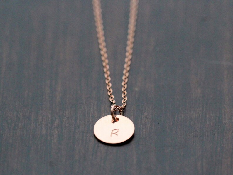 Rose Gold Initial Necklace , Hand Stamped Letter Charm Disc Layering Necklace , Dainty Everyday Jewelry , Personalized Circle image 2