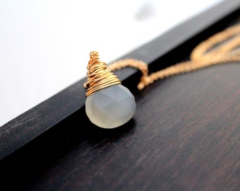 Moonstone Pendant Necklace, Gold Filled Wire Wrapped Gemstone, June Birthstone, Dainty Layering Jewelry