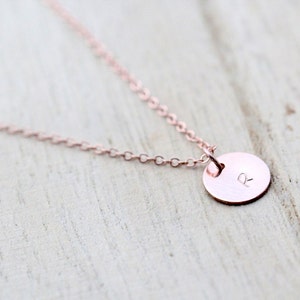 Rose Gold Initial Necklace , Hand Stamped Letter Charm Disc Layering Necklace , Dainty Everyday Jewelry , Personalized Circle image 4