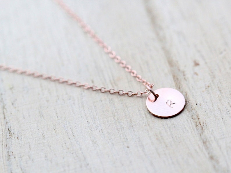 Rose Gold Initial Necklace , Hand Stamped Letter Charm Disc Layering Necklace , Dainty Everyday Jewelry , Personalized Circle image 4