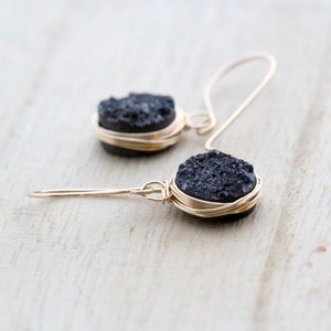 Black Druzy Dangle Earrings , Oval Drop Gemstone Bezel Earrings , Gold , Rose Gold , Silver , Modern Wire Wrapped Jewelry image 1