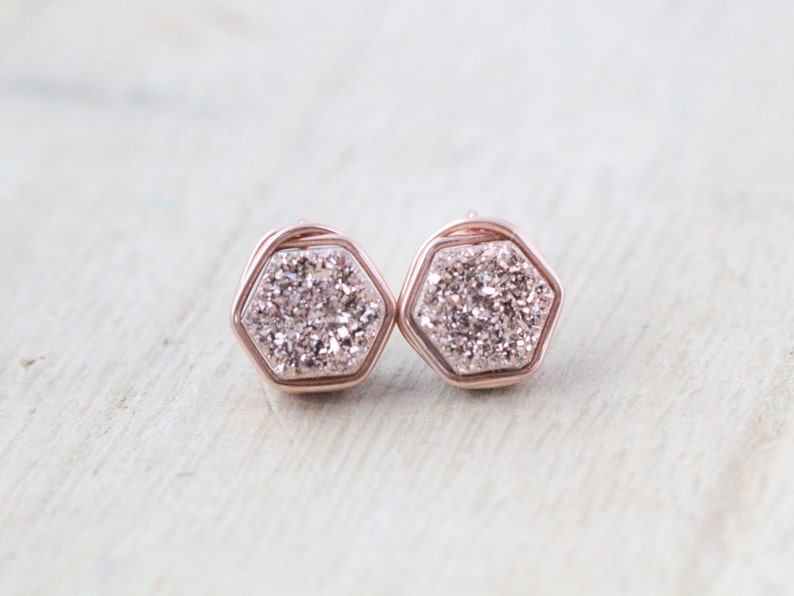 Rose Gold Druzy Studs Hexagon Stud Earrings Wire Wrapped - Etsy