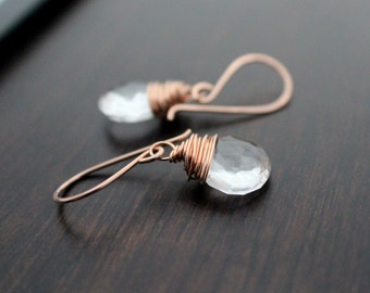 Dainty Crystal Dangle Earrings, 14k Gold, Rose, Sterling Silver, Modern Wedding Jewelry, Wire Wrapped Quartz Gemstone - Vow