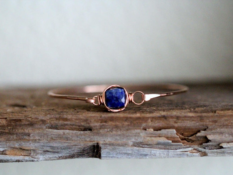 Lapis Lazuli Gold Bracelet , Bezel Wrapped Gemstone Stacking Bangle, 14k Rose Filled, Sterling Silver, Hinge Clasp image 1