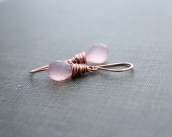 Rose Quartz Dangle Earrings, Rose Gold Earring, Valentines Day Gifts, Wire Wrapped Gemstone Drop Earrings , Gold or Silver   -  Sweetcakes
