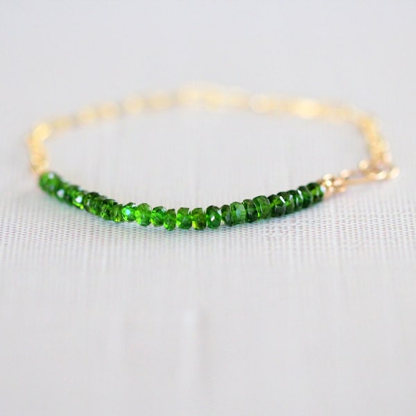 Chrome Diopside Bracelet, Gold Friendship Beaded Paperclip Chain Bracelet, 14k Rose, Sterling Silver, Olive Green Stone - Cara