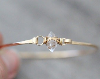 Herkimer Diamond Bracelet, Raw Stone Bangle, Gold, Sterling Silver, Rose, April Birthstone, Crystal - Caged