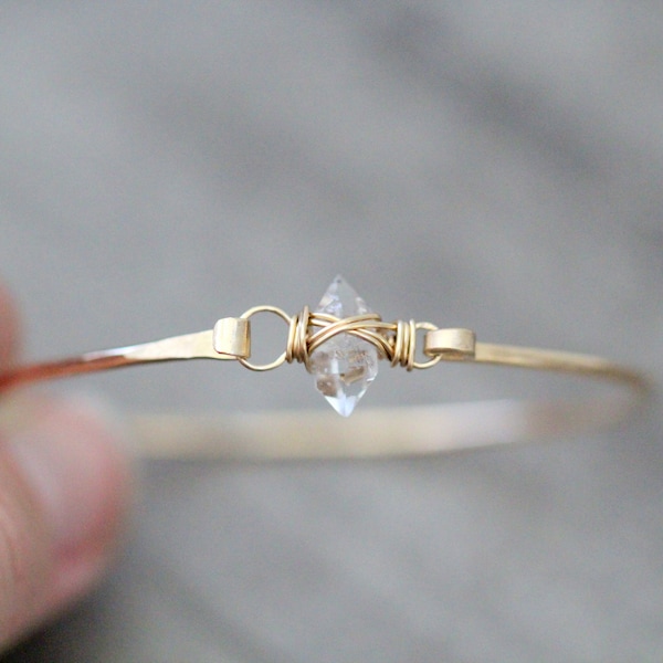 Herkimer Diamond Bracelet, Raw Stone Bangle, Gold, Sterling Silver, Rose, April Birthstone, Crystal - Caged