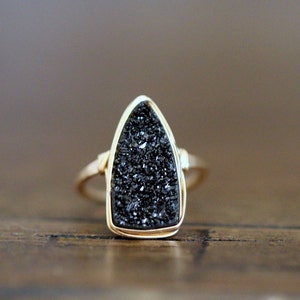 Druzy Triangle Ring, Black Bohemian Statement Ring in Gold , Silver , Rose Gold , Large Bezel Wrapped Stone - Insignia  ( Eclipse )