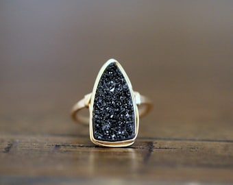 Druzy Triangle Ring, Black Bohemian Statement Ring in Gold , Silver , Rose Gold , Large Bezel Wrapped Stone - Insignia  ( Eclipse )