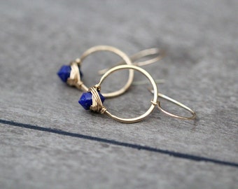 Lapis Hoop Earrings , Gold Dangle Lapis Lazuli Jewelry, Hammered Small Beaded, Rose, Sterling Silver - Pike ( As Seen On The Sinner )