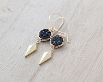 Druzy Dangle Earrings , Geometric Drop Gemstone Earrings , Modern Black Druzy Arrowhead Jewelry , Gold Fill , Sterling Silver