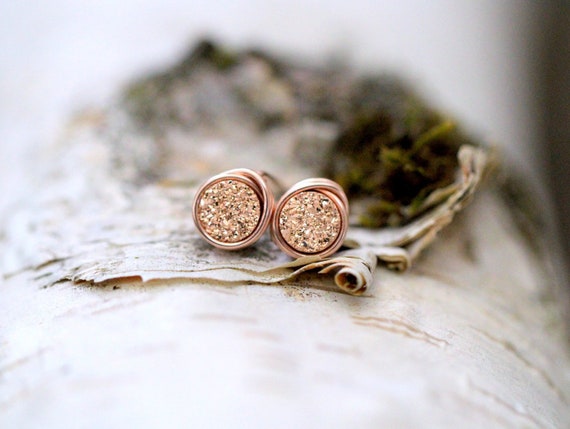 Rose Gold Stud Earrings Druzy Studs Tiny Post Rose Gold Filled