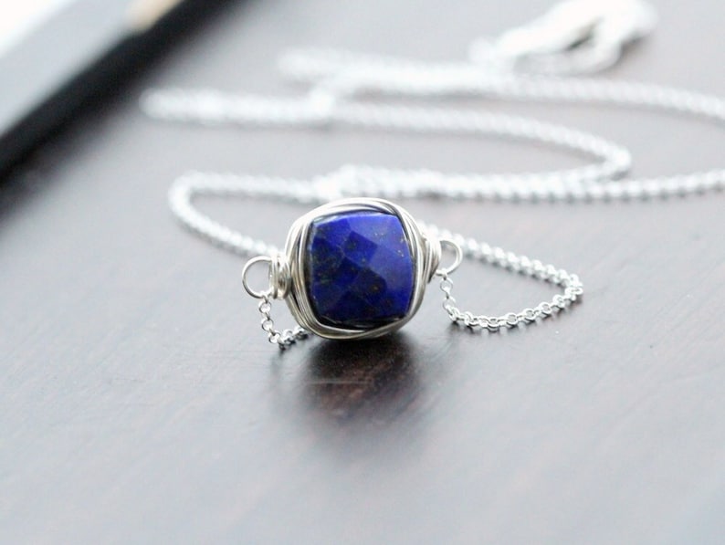 Lapis Lazuli Necklace, Silver Gemstone Choker, Genuine Sterling Jewelry, Bezel Wrapped Floating Pendant, Square Stone image 1