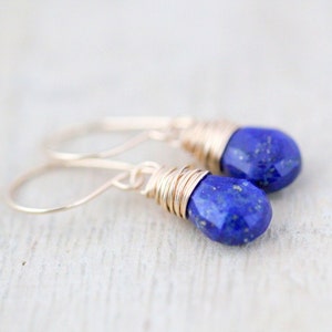 Lapis Dangle Earrings, Lapis Lazuli Gold Earrings, Navy Blue Drop, Wire Wrapped Lapis, 14k Gold Filled, Rose Gold, Sterling Silver