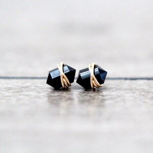 Black Stud Earrings , Onyx Colored Agate Studs , Gold Rose Sterling Silver Natural Gemstone Wire Wrapped Dainty Studs - Pike