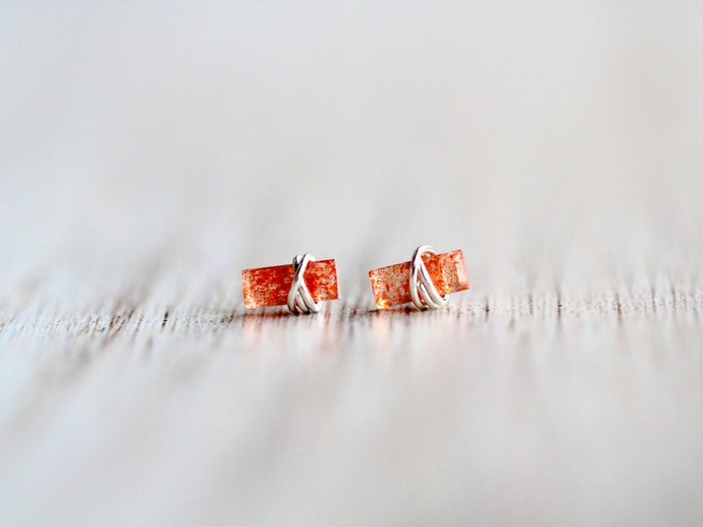 Sunstone Stud Earrings, Baguette Jewelry Gold Tiny Studs, Rose , Sterling Silver, 14k Solid Gold Rectangle Minimalist image 7
