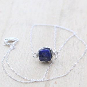 Lapis Lazuli Necklace, Silver Gemstone Choker, Genuine Sterling Jewelry, Bezel Wrapped Floating Pendant, Square Stone image 3