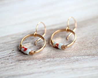 Jasper Gold Hoop Earrings , Aqua Beaded Thick Hoops in Gold,  Sterling Silver , Sea Sediment, Beach Boho - Drift