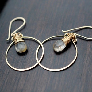 Rutilated Quartz Earrings , Gold Filled Dangle Gemstone Hoops, Rose Gold, Sterling Silver, Hammered Jewelry Angel Face image 3