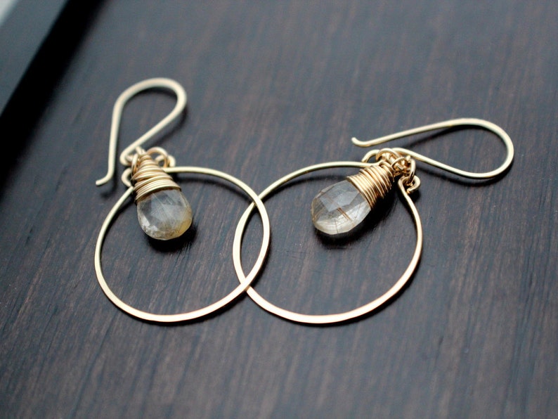 Rutilated Quartz Earrings , Gold Filled Dangle Gemstone Hoops, Rose Gold, Sterling Silver, Hammered Jewelry Angel Face image 3