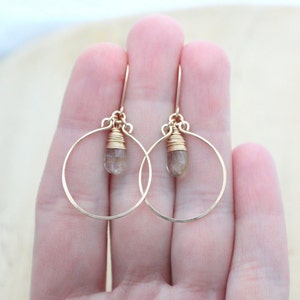 Rutilated Quartz Earrings , Gold Filled Dangle Gemstone Hoops, Rose Gold, Sterling Silver, Hammered Jewelry Angel Face image 5