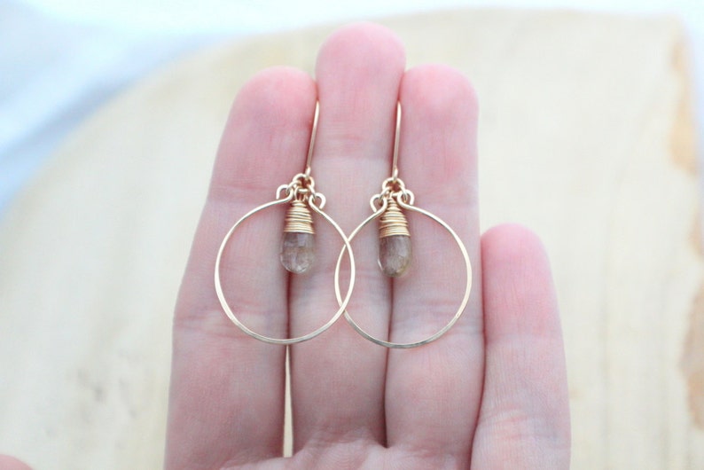 Rutilated Quartz Earrings , Gold Filled Dangle Gemstone Hoops, Rose Gold, Sterling Silver, Hammered Jewelry Angel Face image 5