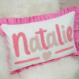 Personalized Baby Girl Name Pillow with Ruffles, Custom Embroidered Newborn Gift, Girl Nursery Decor, Baby Shower Gift, Baby Bedding Decor