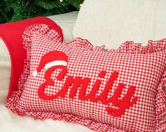 Personalized Christmas Name Throw Pillow: Red Plaid Ruffle Cushion Cover