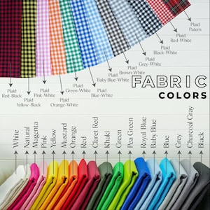 a variety of fabric colors, each with a corresponding label, arranged in a visually appealing manner.