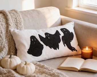 Punch Needle Halloween Ghost Pillow, Customizable Cotton Throw Pillow