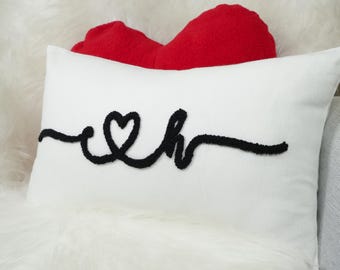 Custom Initial Punch Needle Couple Gift Pillow, Personalized Couple Gift Idea, Valentines Day Gift, Custom Lumbar Pillow, Valentine Decor,