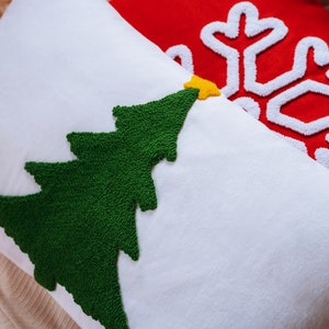Christmas Pine Tree Embroidered Pillow, Hand Embroidered Punch Needle Pillow, JOY, Christmas Snowflakes Pillow, Noel Tree With Star, Decor