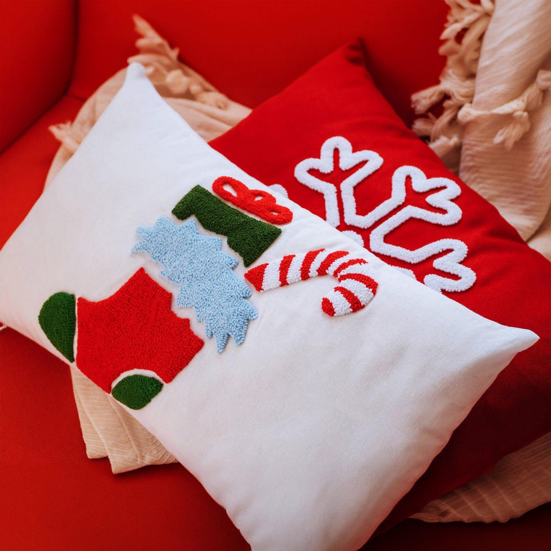 Christmas Stocking Pillow, Punch Needle Embroidered Cotton Holiday ...