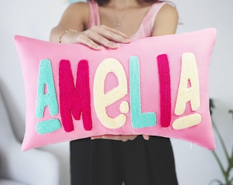 Baby Girl Personalized Name Punch Needle Pillow, Girl Nursery Decor, Baby Shower Gift Idea, Kids Bedroom Decor, Custom Pillow, Embroidery