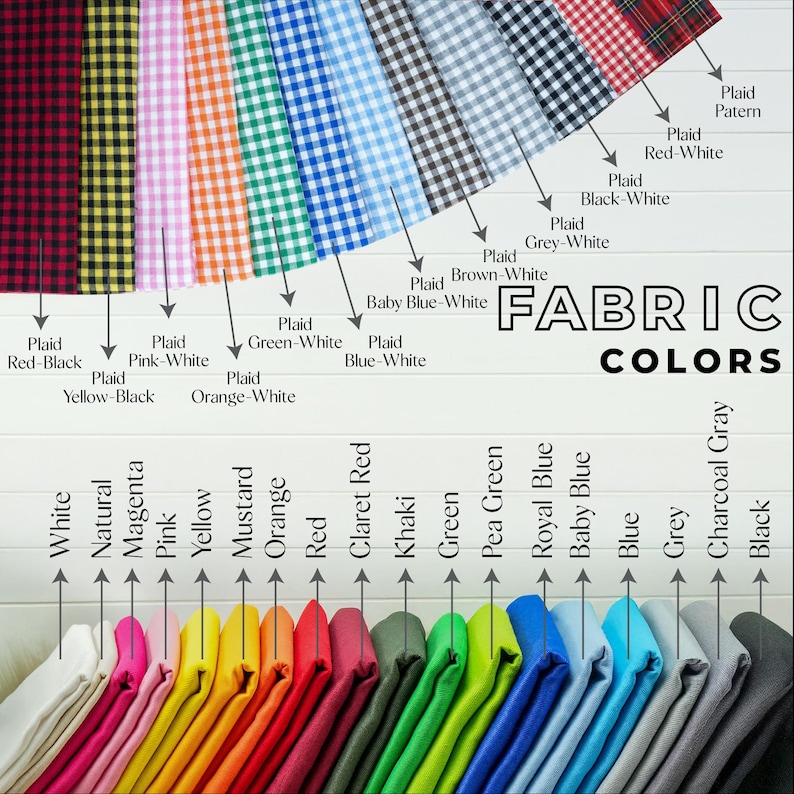 a variety of fabric colors, each with a corresponding label, arranged in a visually appealing manner.