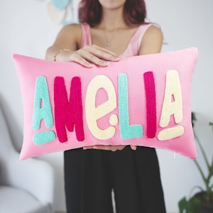 Baby Girl Personalized Name Punch Needle Pillow, Girl Nursery Decor, Baby Shower Gift Idea, Kids Bedroom Decor, Custom Pillow, Embroidery