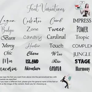 Puede incluir: Una tabla titulada Font Variations que muestra veinticuatro estilos de fuente negros distintos en cuatro columnas. El texto incluye palabras como Lagoon, Cockatoo, Coral, Impress, Budgie, Zone, Tweet, Power, Burn, Canary, Cardinal, Tropic, Mercy, Hunter, Touch, Complex, Chic, Charn, Wise, Jungle, Mia, Island, Rio, Stage, Macaron, Adventure, Emma y Harmony. Instrucciones al pie explican c&oacute;mo seleccionar una fuente.