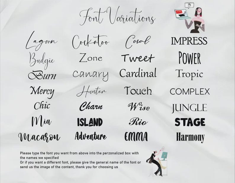 Puede incluir: Una tabla titulada Font Variations que muestra veinticuatro estilos de fuente negros distintos en cuatro columnas. El texto incluye palabras como Lagoon, Cockatoo, Coral, Impress, Budgie, Zone, Tweet, Power, Burn, Canary, Cardinal, Tropic, Mercy, Hunter, Touch, Complex, Chic, Charn, Wise, Jungle, Mia, Island, Rio, Stage, Macaron, Adventure, Emma y Harmony. Instrucciones al pie explican c&oacute;mo seleccionar una fuente.