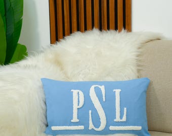 Monogram Pillow, Custom Embroidered Punch Needle Cushion, Wedding Gift