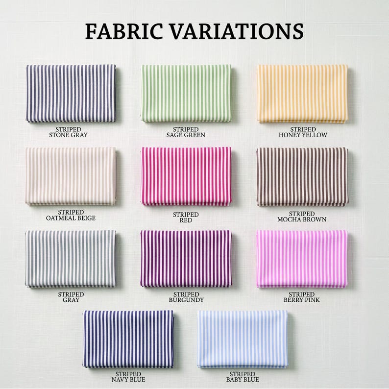 a collection of fabric swatches with various color patterns and striped designs, arranged in a grid format.
